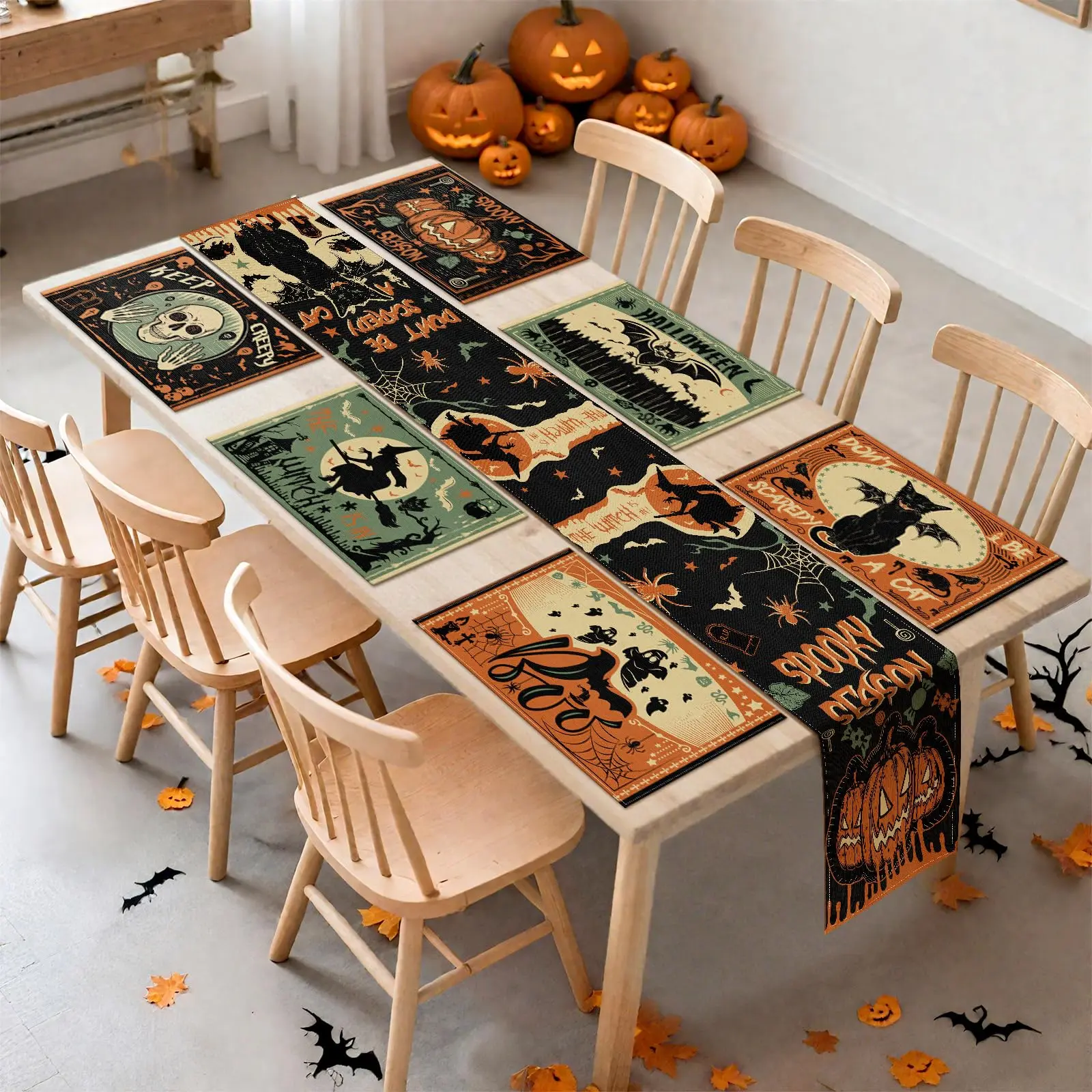 7 Pcs Halloween Table Runner and Placemats Set Gothic Bat Skull Washable Dining Table Mats for Halloween Kitchen Home Party Decor