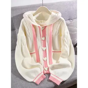 Women's Casual Knit Cardigan, Long Sleeve Hooded Sweater, Patchwork Heart Button Design, Fall Winter Fashion
