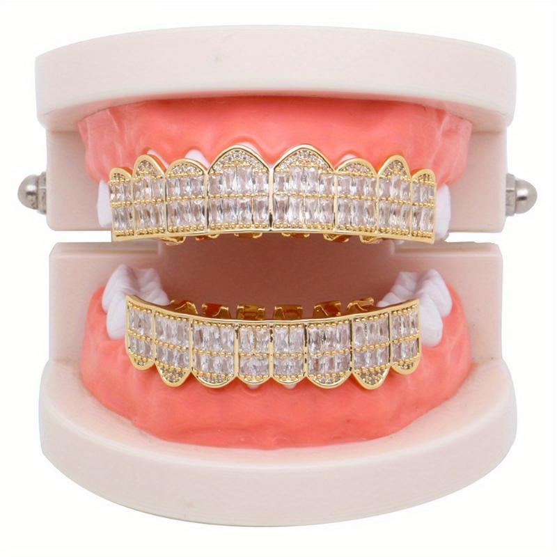 2pcs SET Baguette 8 Teeth Grillz Top & Bottom Mouth Grills for Hip Hop Enthusiasts Unique 8 Teeth Design Ideal Gift stone mountain grillz diamond belly button shape
