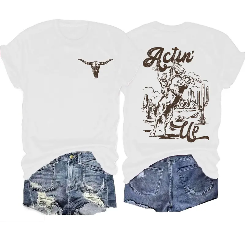 Women's Letter & Bull Head Print Round Neck Fitted Tee, Vintage Streetwear Trendy Casual Short Sleeve Graphic T-shirt for Daily Wear, Ladies Summer Outfit, Western Tops, Everyday, Womenswear