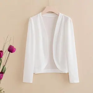 Lady's Polyester Knitting Long-Sleeve Slim-Fit Thin Piece Cardigan with Short Shawl, Pure Color Casual All-Matching Fitted Top, Multi-Size Polyester Fabric