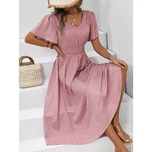 Chic Pink Polka Dot Midi Dress for Women - Casual V-Neck, Ruffle Sleeves, Cinched Waist Design, Lightweight Polyester, Perfect for Spring/Summer, Machine Washable