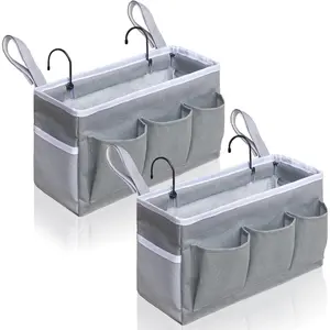 F-SBB54  Bedside Caddy Storage Organizer - 2pcs Hanging Bag Holder with Pockets for Bedroom, Loft, Tent, Curtain, Bunk bed Shelf Accessories (Gray)
