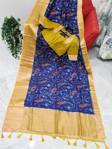Royal Peacock Blue Kota Silk Meenakari Saree with Olive Mustard Blouse