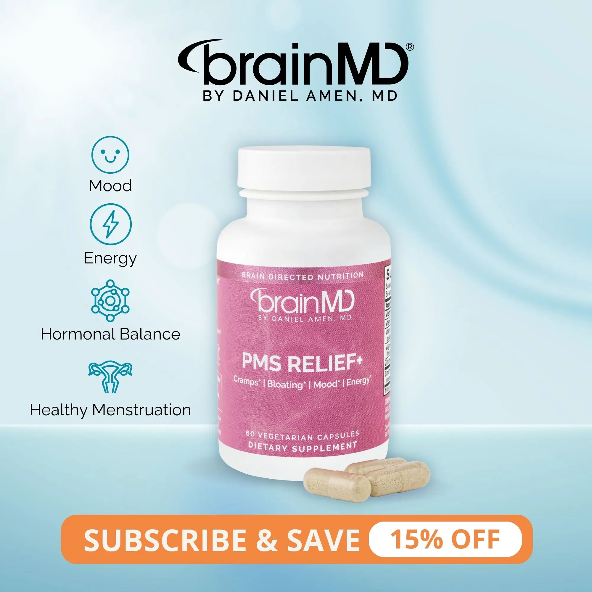 PMS Relief+ | BrainMD | 60 Capsules | Mood & Hormonal Balance Support | Menstrual Comfort & Energy | Ginfort Ginger Extract with Magnesium & Zinc