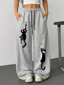 Y2K Cute Style Sweatpants - Two Cartoon Black Cat Prints with Adjustable Drawstring Waist, Comfortable Casual Wide-Leg Pants