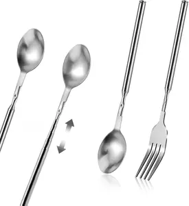 2 Pcs Extendable Fork & Spoon, 8.7 to 25.5 Inch Adjustable Telescopic, Retractable Long Stainless Steel Extended Fork for Fruit, Dessert, BBQ