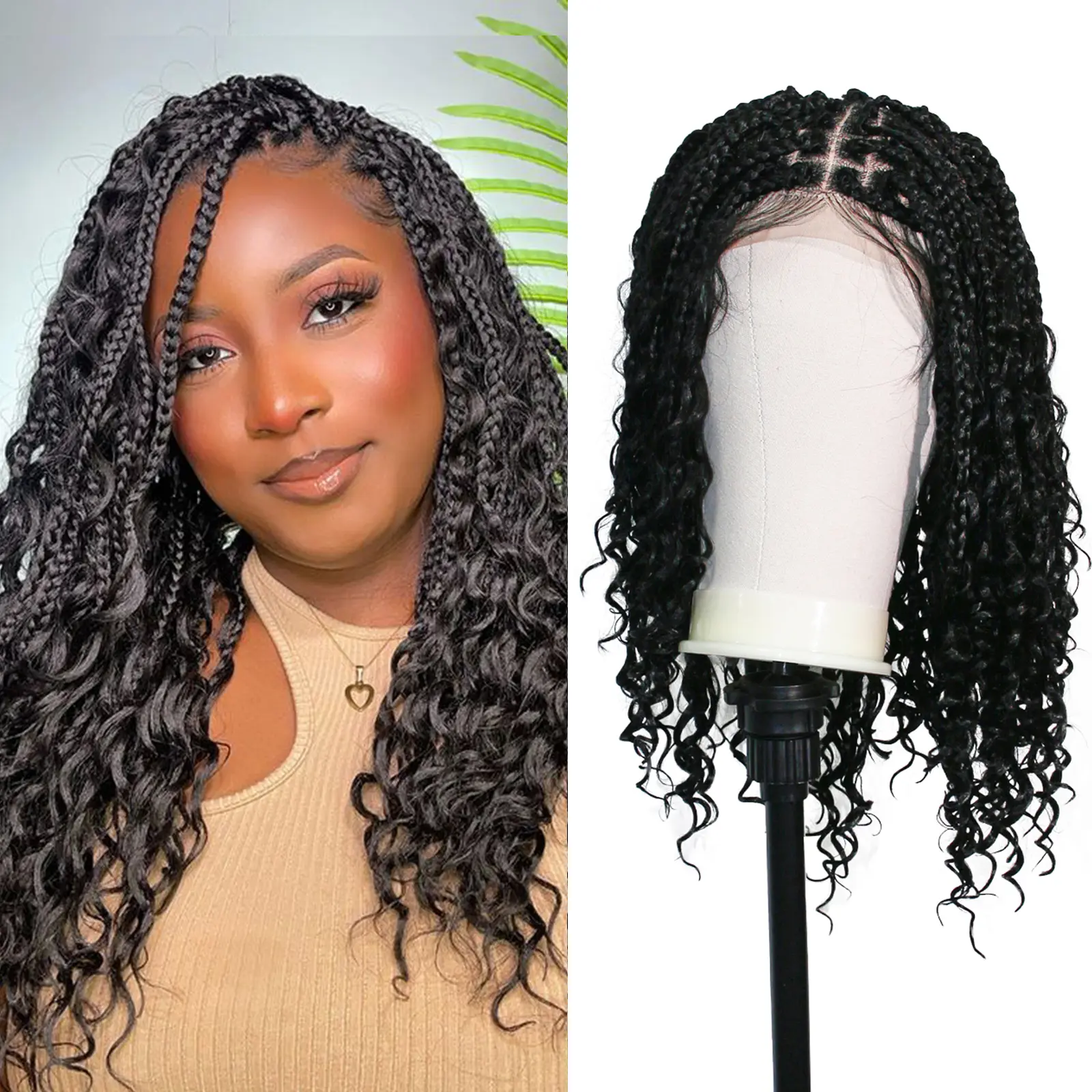 18" Boho Knotless Box Braided Wigs Full Double Lace Short Braid Wig for Black Women Lace Frontal Human Hair Blended Braided Wig with Boho Curls Lace Front Braids Wigs with Baby Hair