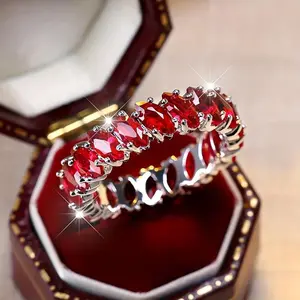 Shiny Cubic Zirconia Women's Eternity Ring - Red July Birthstone White Design, Bohemian Wedding Party Bridal Accessory, Engagement Banquet Cocktail Anniversary Ring Jewelry