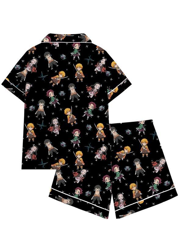 Men's Teen Domon Slayer Anime Collared Short Sleeve Pajama Set, Comfortable Sleepwear for All Seasons, Cute Movie Pajamas Gift