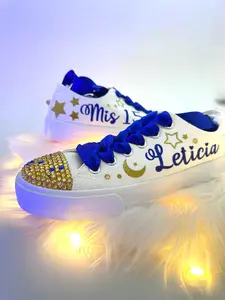 Blue & Gold Magical Sky Style | Blue Sweet 15 Custom Sneakers Moon and Stars | Quinceañera Dance Shoes Personalized Sneakers | Mis 15 zapatillas Blue