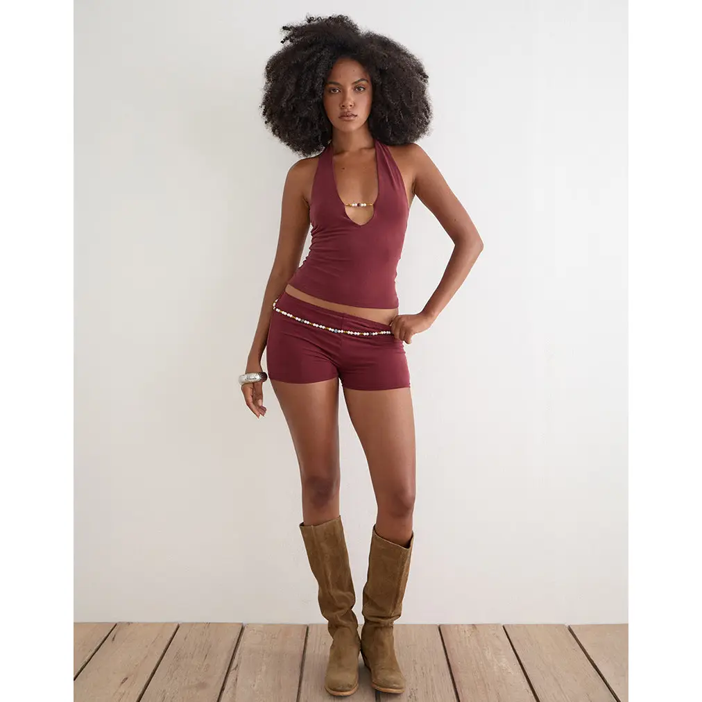 Nissa Short with Pearl Trim in Cupro Burgundy