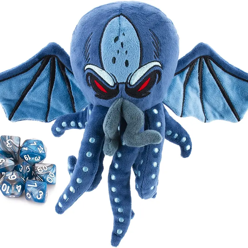CASMATIX Cthulhu Sea Monster Dice Case with 7 RPG Dice - 9.5" Soft Plush Storage for Up to 21 Dice - Premium Zipper & Intricate Design - Perfect for Tabletop Gaming