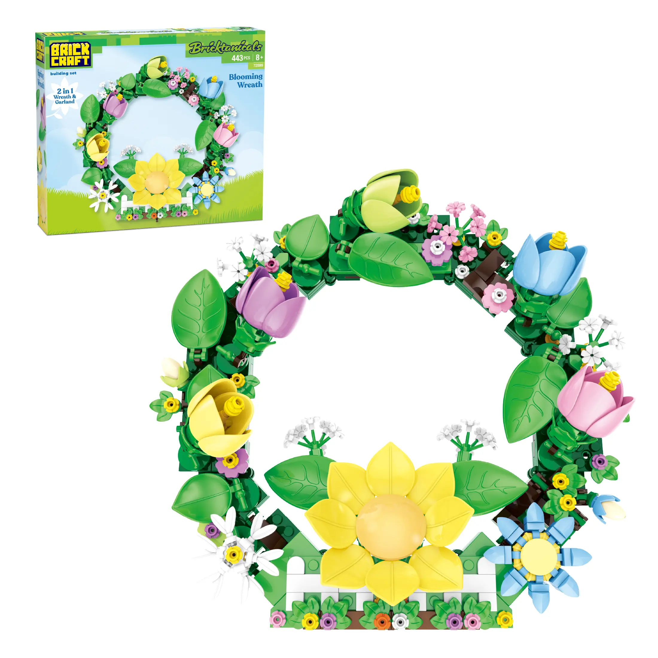 Brickcraft Bricktanicals Blooming Wreath and Garland Building Set, 441-Piece 2-in-1 Buildable Flower Kit for Teens & Adults 8+