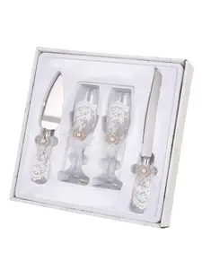 Four-piece set wedding cake knife set and champagne glass set lace feather Pearl rhinestone decoration bridal wish wine glass cake cutting set wedding tableware gift box reusable suitable for wedding reception, engagement, decoration, anniversary, gift