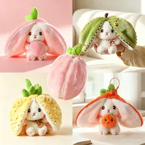 2-in-1 Bunny Plush Toy Cosplay Strawberry Durian Persimmon Pineapple Fruit Bunny Plush Kawaii Transforming Rabbit Stuffed Toy for Kids