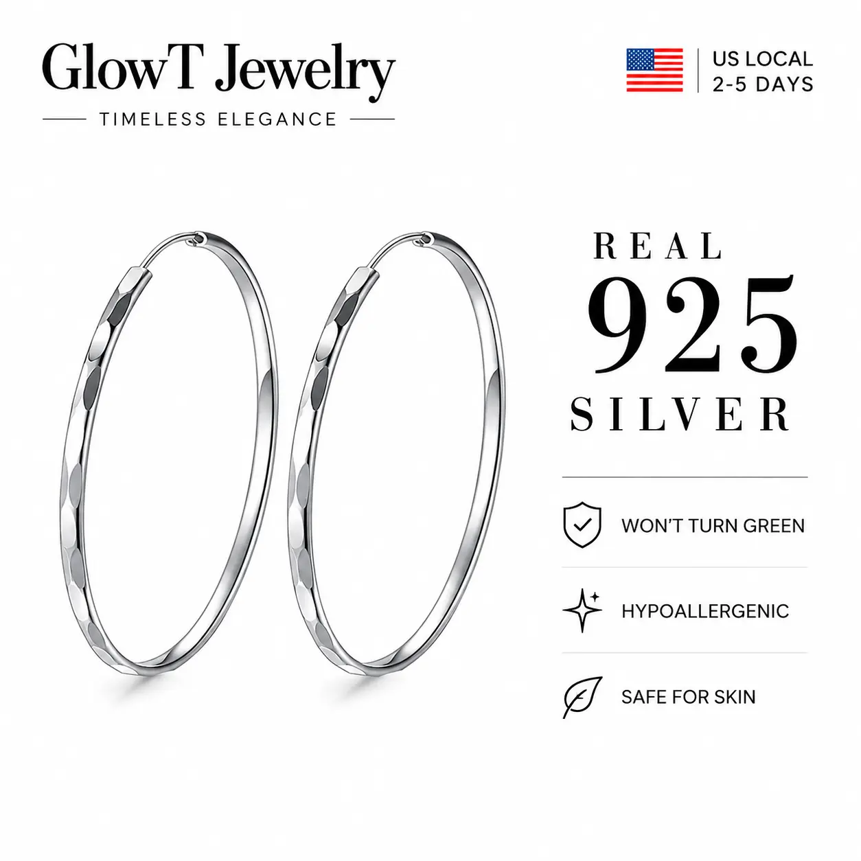 925 Sterling Silver Hammered Hoop Earrings | Lightweight Large Silver Hoops for Everyday Wear Hypoallergenic Statement Hoops for Women