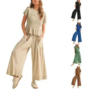 JovenPara Womens 2 Piece Outfits Short Sleeve Smocked Top & Wide-Leg Pants Set Sweatsuits Tracksuit Casual Baggy Clothes  Outdoor