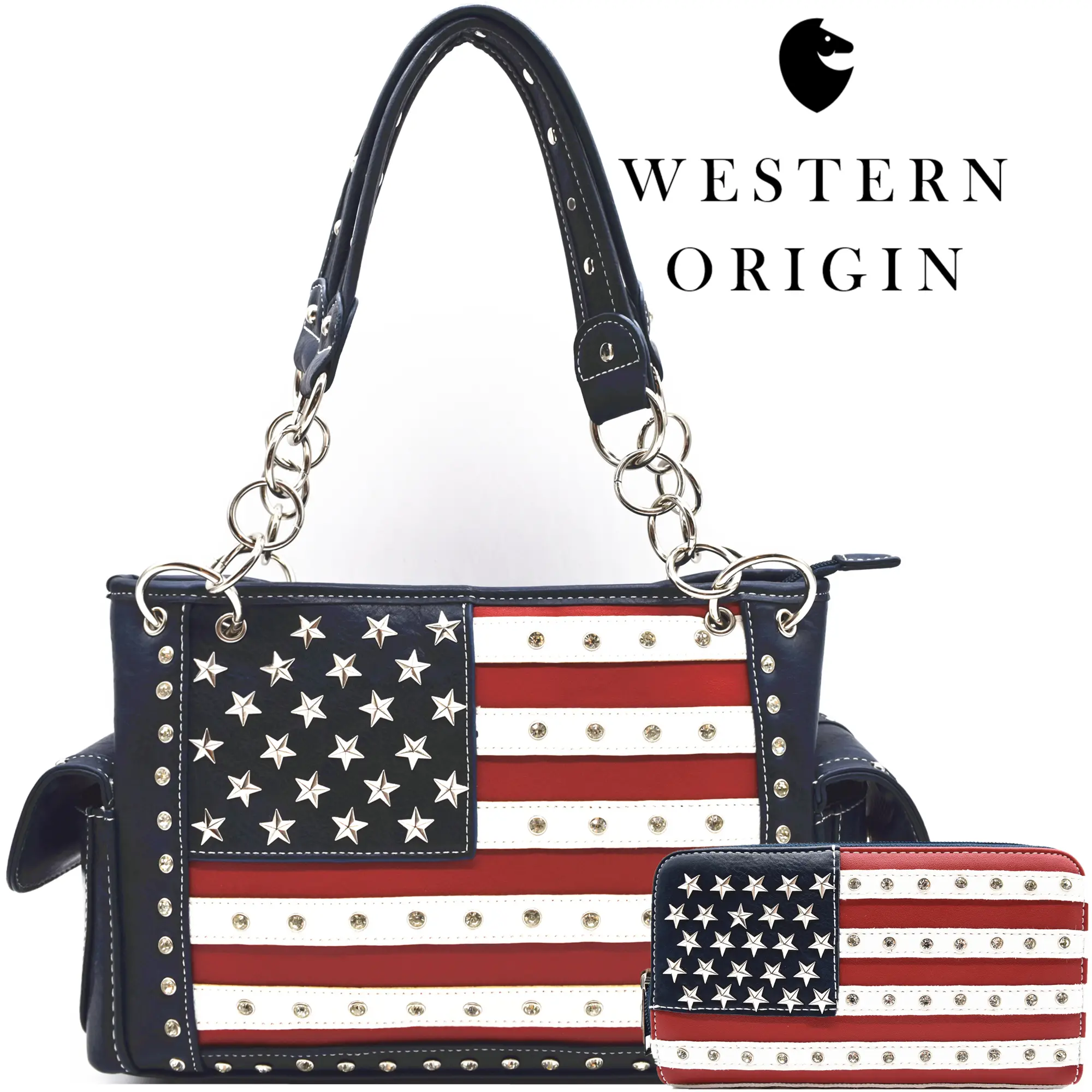 Western Style Studded American Flag Tote Bag with Wallet Set - Trendy Country Fashion Purse for Daily Use, Travel & Patriotic Events
