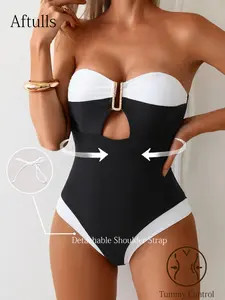 Women's Fashion One-Piece Swimsuit, Sexy Halter Neck U-Shape Chest Support, Block Slimming Swimwear for Pool Vacation, Colorblock Swimsuit