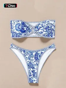 Women's Floral Print Ring-Linked Bikinis Set, Boho Ruched Bandeau Swim Top & High Cut Swim Thong, Chic Ladies Bathing Suit