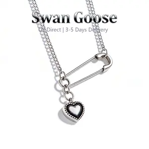 S925 Sterling Silver Safety Pin Heart Necklace for Women,Edgy Gothic Style Black Heart Pendant, Grunge Punk Style Everyday Jewelry
