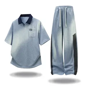 Summer color-block collared short-sleeve top with drawstring elastic waist long pants casual sports set, men’s young college student fashion minimalist two-piece outfit, loose breathable lightweight fabric for everyday wear and vacations