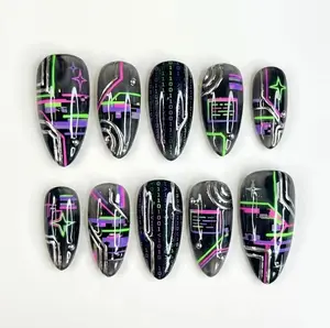 Handmade Cyberpunk Press On Nails - Neon Holographic Tech Circuit Design
