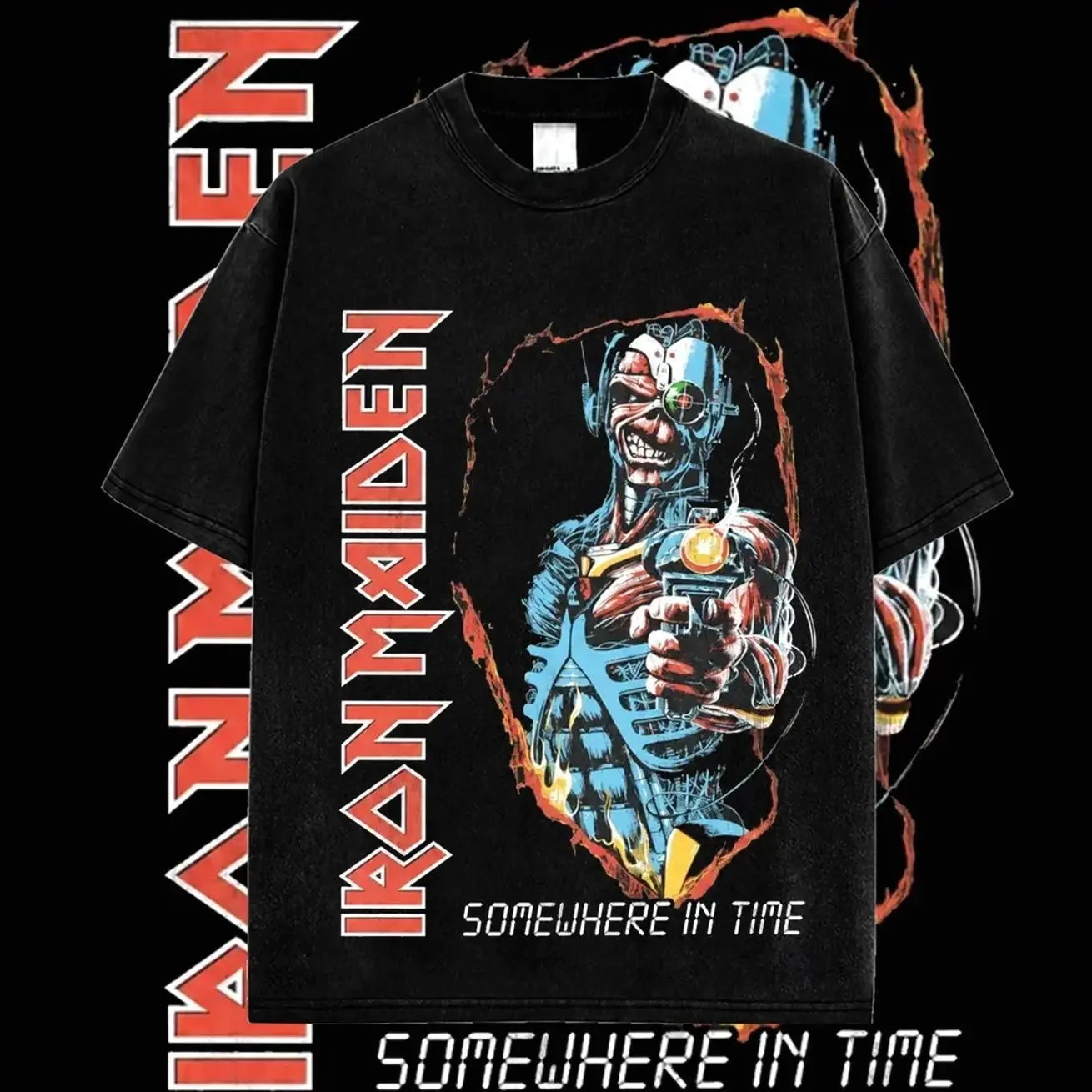 Iron Maiden Somewhere in Time Retro Unisex 100% Heavyweight Cotton T-Shirt – Iron Maiden Run For Your Lives Tour Rock Heavy Metal Cotton Tee, Heavy Metal Rock Band Shirt, Oversized Vintage Tee, Heavy Metal Merch, Gift for Rock Fans BCT