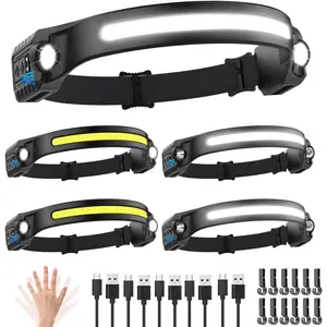 Headlamp Rechargeable, 230° Wide Beam Head Lamp, LED Headlamp with Motion Sensor, 5Mode Rechargeable Headlamp, Head Lights for Forehead, Headlamps for Adults Running Hard Hat