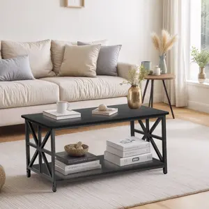 Segawe 39 inch Rectangle Wood Coffee Table Metal Frame Storage Shelf X-Frame Design for Living Room Black