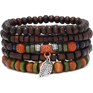 5 PCS Bohemian Multilayered Wood Beaded Layered Bracelets for women Men Vintage Boho Handmade Turquoise Feather Stackable Bracelet Birthday Fashion Accessoriess