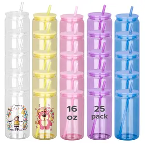 FASTSUB 25 Pack 16 oz Sublimation Colorful Glass Tumbler with Plastic Straw & Lid - Clear Glass Container for Water and Vinyl, Reusable Bottle - Portable, Bottled, Washable, Containers, Bottles, Water Bottles, Bamboo, Mug, Drinkware