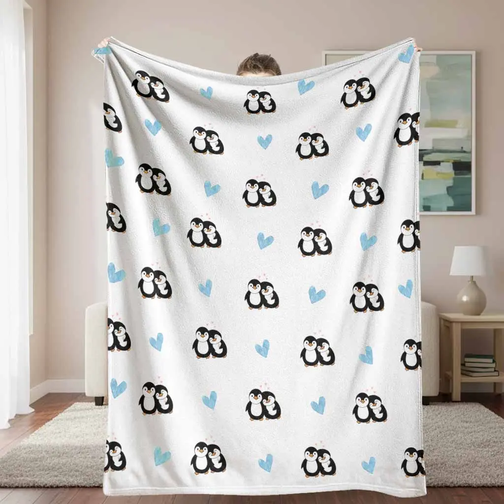 Cute Penguin Graphic Flannel Fabric Blanket - Blue Heart Pattern, Multi-Size, Wrinkle Resistant, Breathable, Durable, Cozy Soft Warm Lightweight, Comfy Vibes, Home & Office Throw for Gifting, Machine Washable