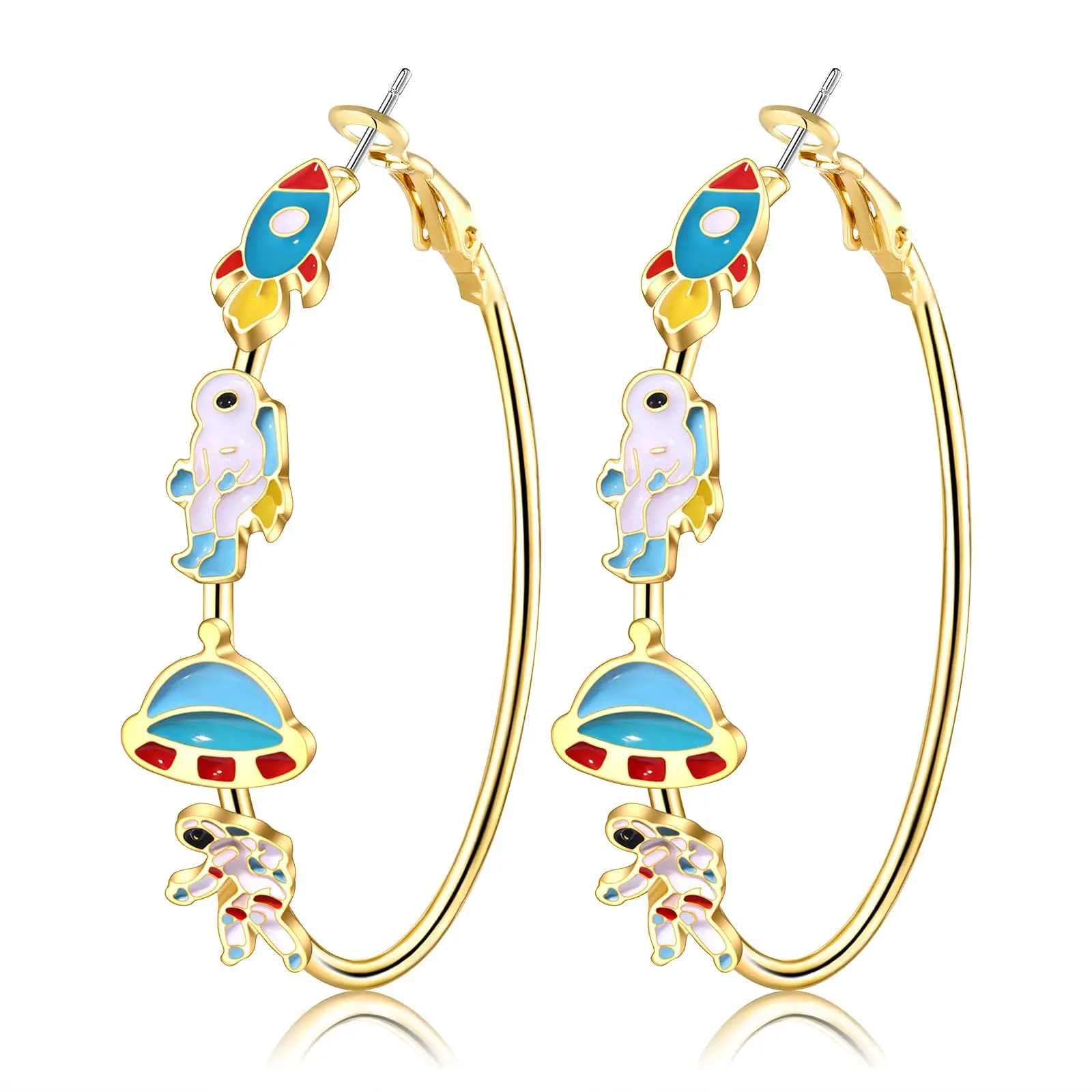 Space Astronaut Hoop Earrings For Women Cute Saturn Planet Rocket Spaceship Spaceman Outfits Accessories Celestial Explorer Gifts