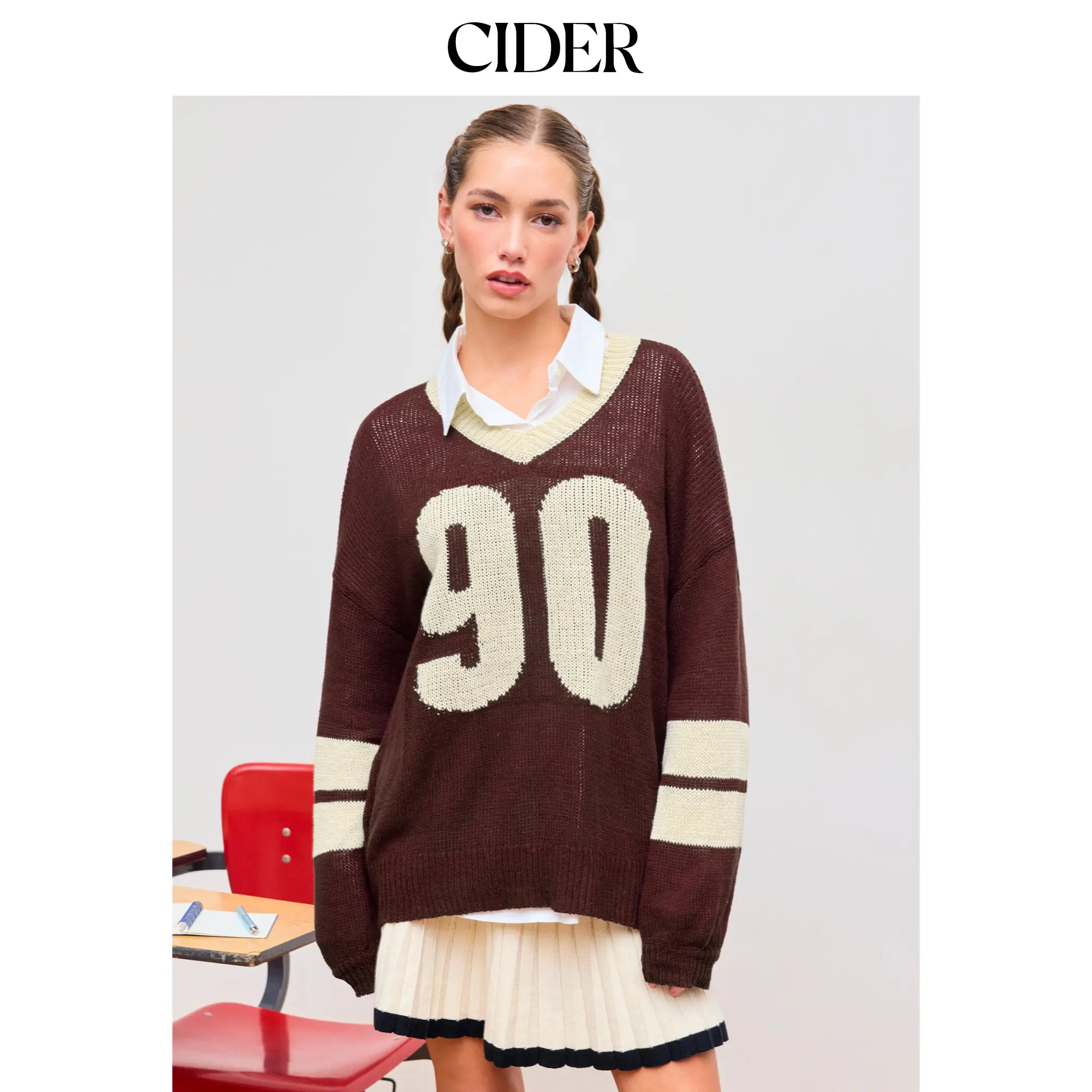 Cider [3 colors, size 2-26] Knit V-neck 90 Contrasting Binding Sweater