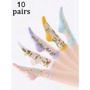 10 pairs randomly mixed womens floral jacquard patterned socks colorful patchwork design sheer breathable comfortable mid calf length perfect for spring summer daily wear and fall seasons