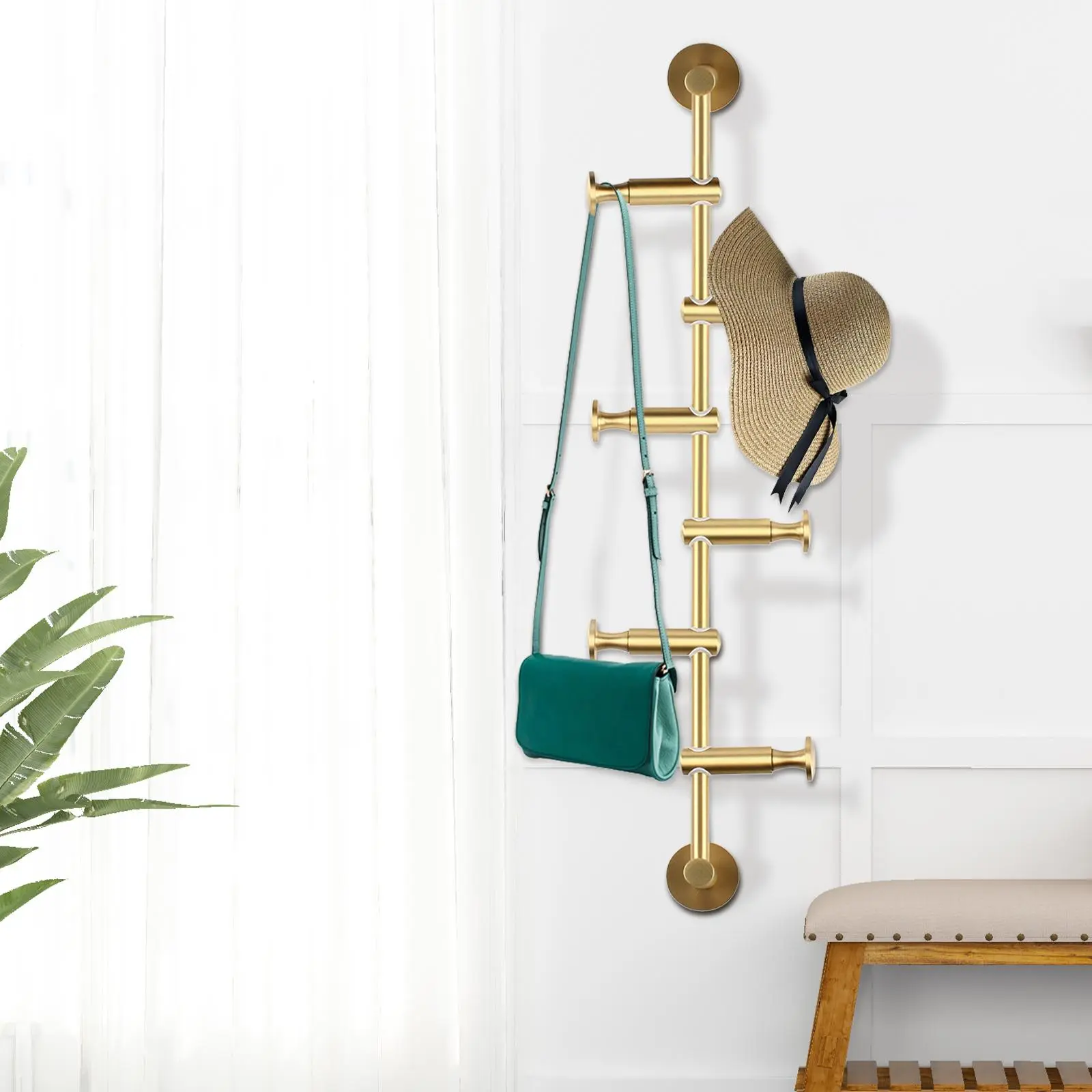 Modern Wall Mount Coat Rack, 6 Brass Sleek Coat Hooks Rack, Metal Vertical Tree Branch Coat Rack for Scarves Clothes Handbags Purses Hat, Space Saving Hanger