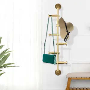 Modern Wall Mount Coat Rack, 6 Brass Sleek Coat Hooks Rack, Metal Vertical Tree Branch Coat Rack for Scarves Clothes Handbags Purses Hat, Space Saving Hanger