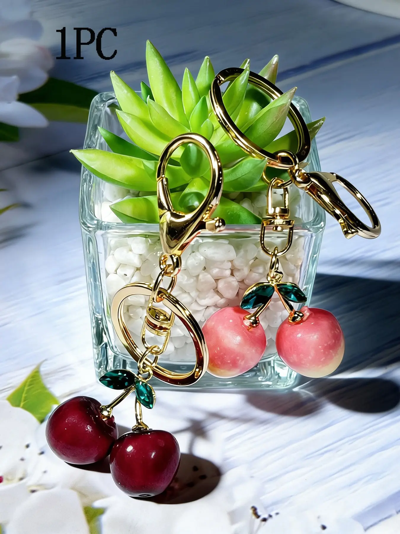 Sweet and stylish practical texture simulated cherry keychain, apple shaped design, green leaves, gentle and exquisite atmosphere bag pendant, lightweight and easy to carry, versatile bag decoration item, Bag Charm Keychain