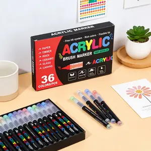 1Pc 36 Colors Acrylic Brush Markers Set Paint Pens for Rock Painting Canvas Wood Glass Ceramic Fabric DIY Art Supplies for Drawing Illustration Craft Projects Journal Scrapbook Card Making Easter Spring Gift for Artists Beginners