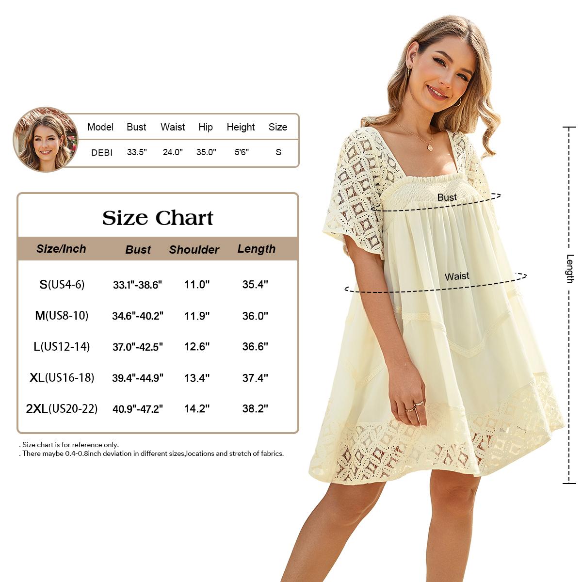 Chicovar Women's Boho Summer Babydoll Dress Square Neck Short Sleeve Hollow Out Lace Ruffle Beach Vacation Mini Dress Flowy A-Line Casual Sundress with Lining Not See Through,Easter dress