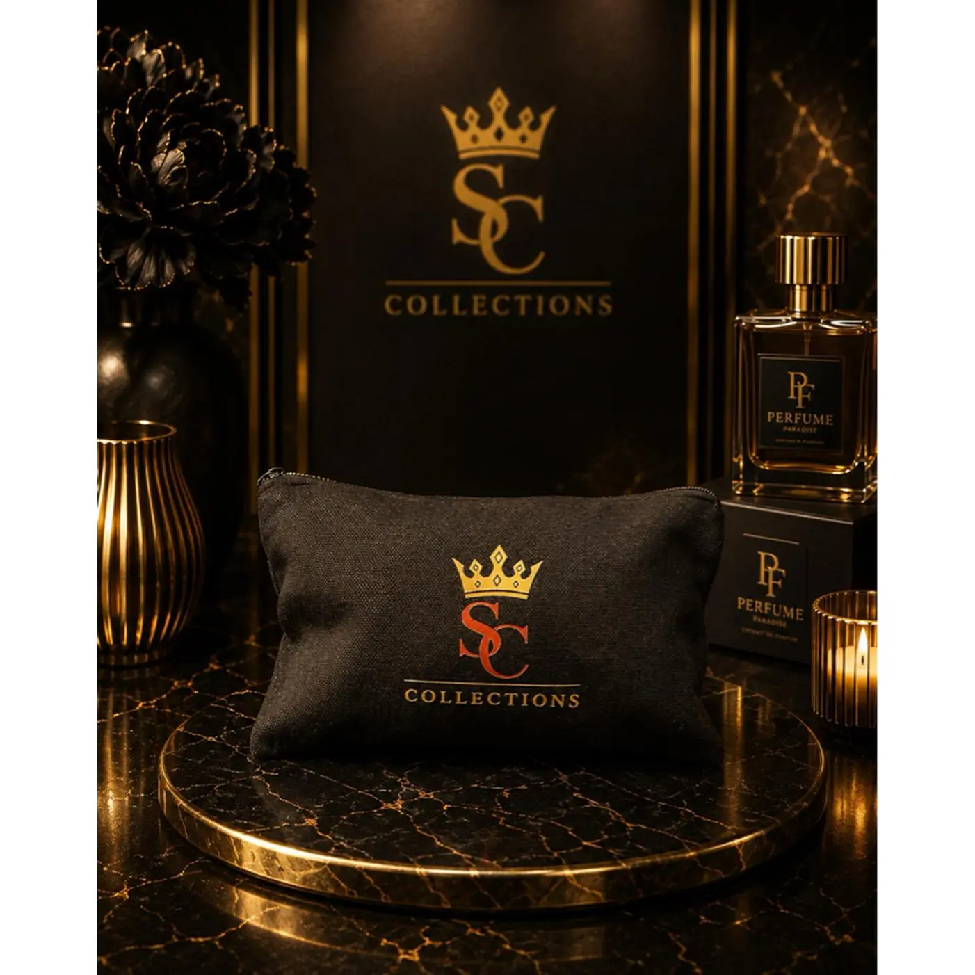 Solido Collections Black Small Makeup Bag with Crown Logo and Gold Accents