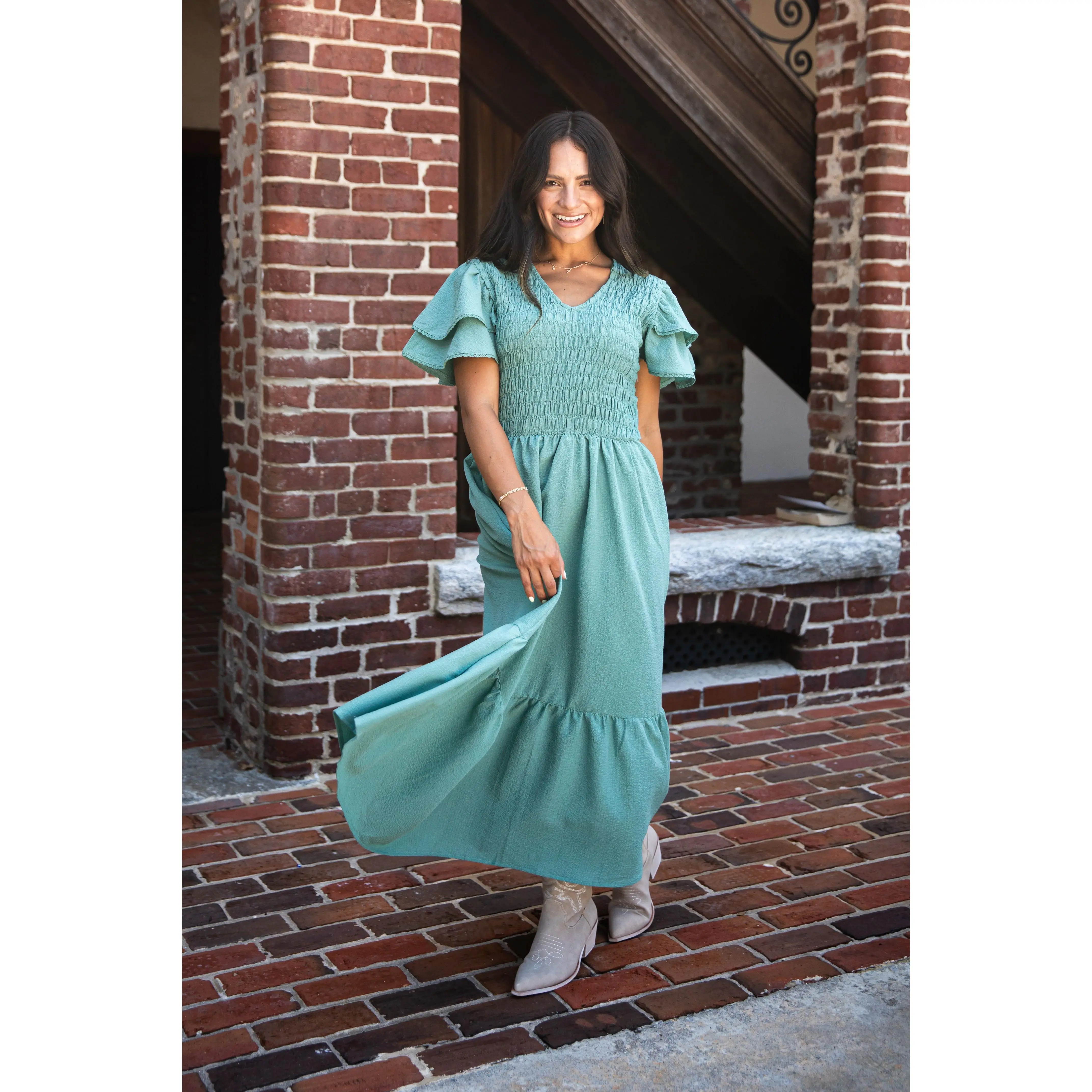 She Means Business Sage Smocked Midi Dress