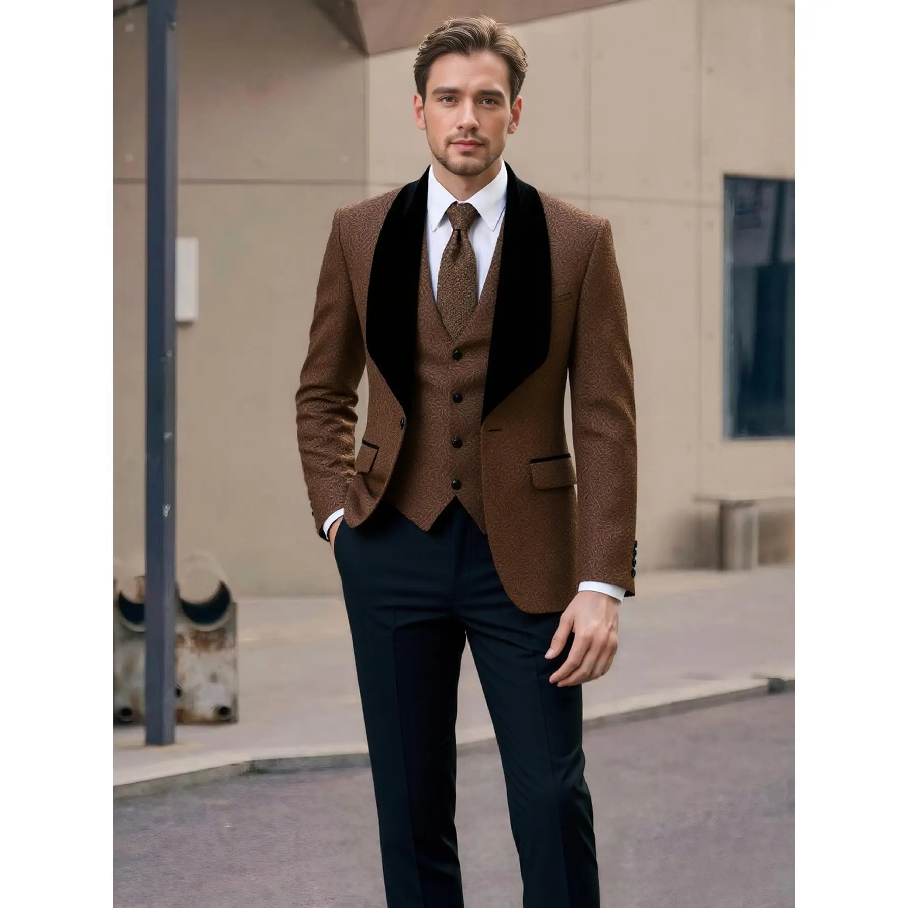 Men's 3-Piece Suit Set, Slim Fit Jacquard Shawl Lapel Tuxedo Jacket with Matching Vest & Trousers, Formal Menswear for Weddings, Formal Wear, Long Sleeve, Classic, Polyester, Jacquard Print
