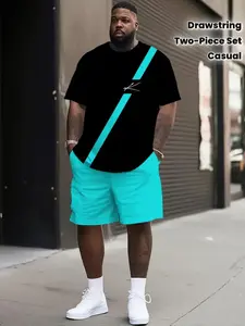 Men's Plus Size Casual Sportswear Set, Short Sleeve Printed T-Shirt and Drawstring Shorts, Loose-Fitting Modern Style, All Seasons