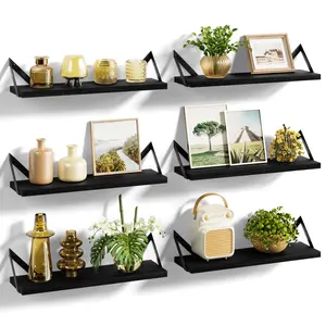 Floating Shelves for Wall Decor, Wood Wall Shelves for Bathroom, Bedroom, Kitchen, Living Room, Set of 6 (Weathered Black) Metal Wooden