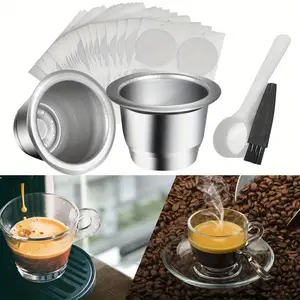 Reusable Espresso Capsules Refillable Coffee Pods Stainless Steel Cups Filters Compatible for Nespresso Coffee Machines with Aluminum Foil Seals Stickers Lids Modern Container
