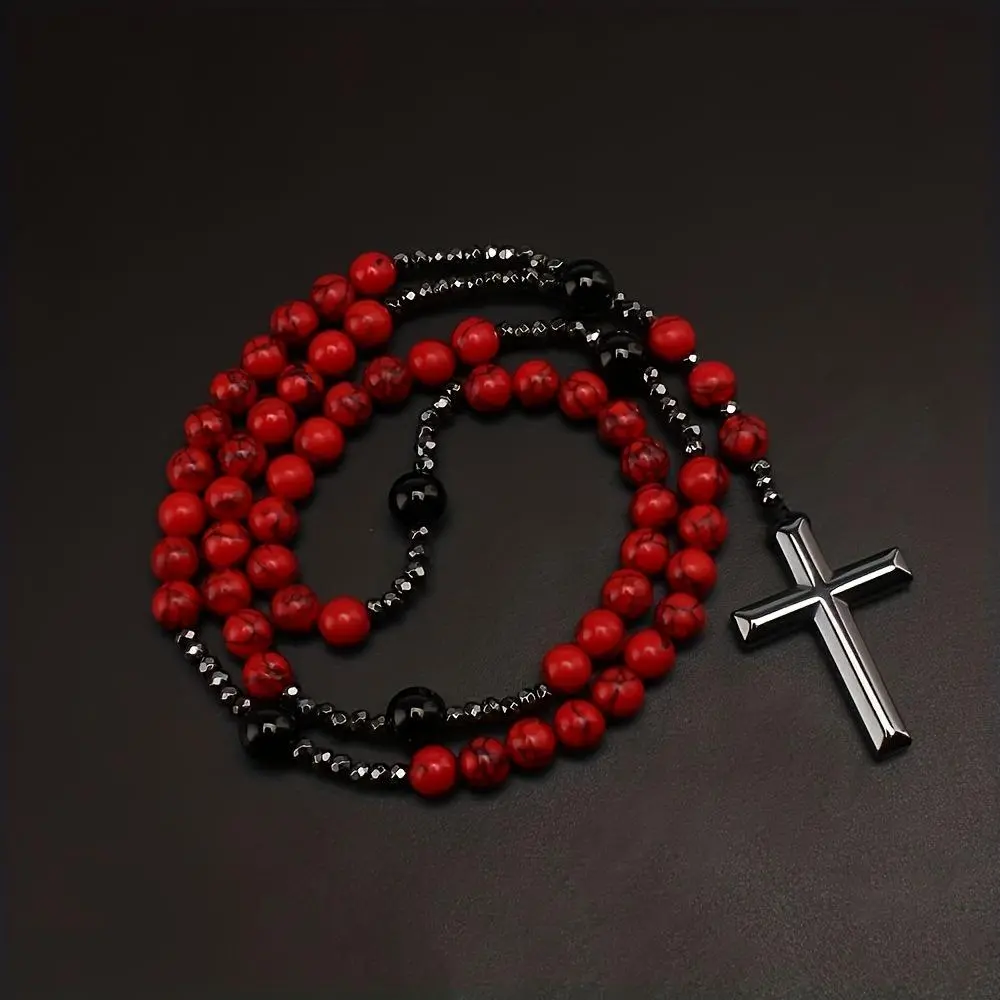 Men's 55cm Beaded Cross Necklace - Crucifix Cross Emblem Religious Design, Natural Crystals (Red Turquoise, Black Agate, Haematite) Daily Wear Fashion Accessory, Crucifix Necklaces, Beaded Cross Necklaces