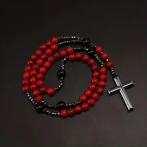 Men's 55cm Beaded Cross Necklace - Crucifix Cross Emblem Religious Design, Natural Crystals (Red Turquoise, Black Agate, Haematite) Daily Wear Fashion Accessory, Crucifix Necklaces, Beaded Cross Necklaces